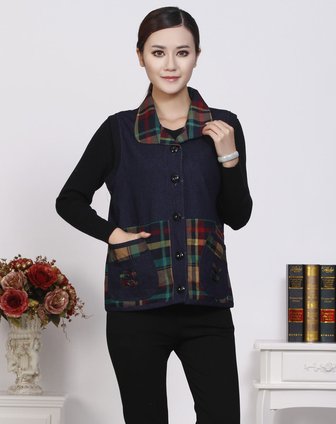 玛莎歌荻mashagedi青色格子翻领马甲ms1b381002038