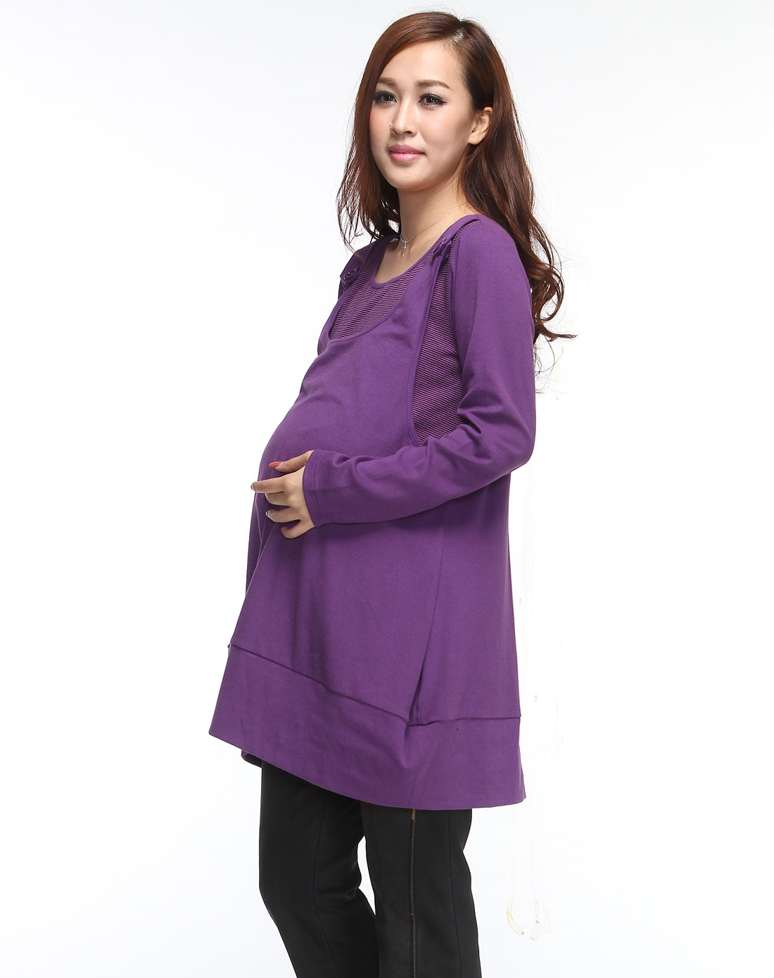奇妮&肯勒芳孕妇装奇妮深紫色假两件条纹时尚长袖衫