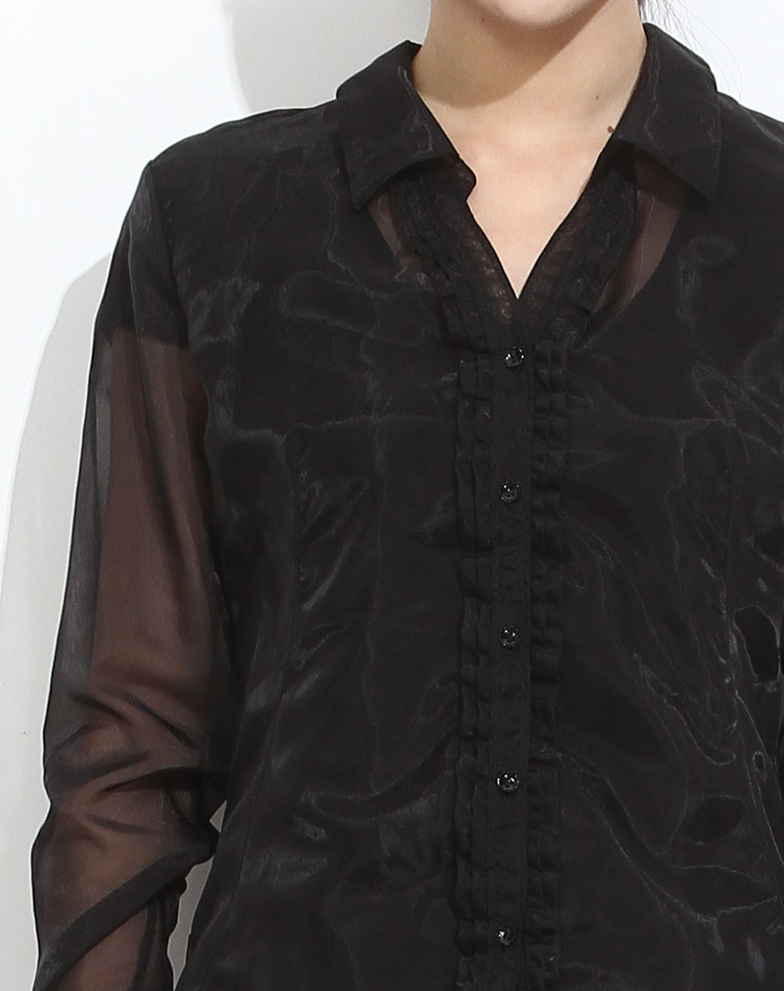 性感魅力黑色透视薄纱长袖衬衫