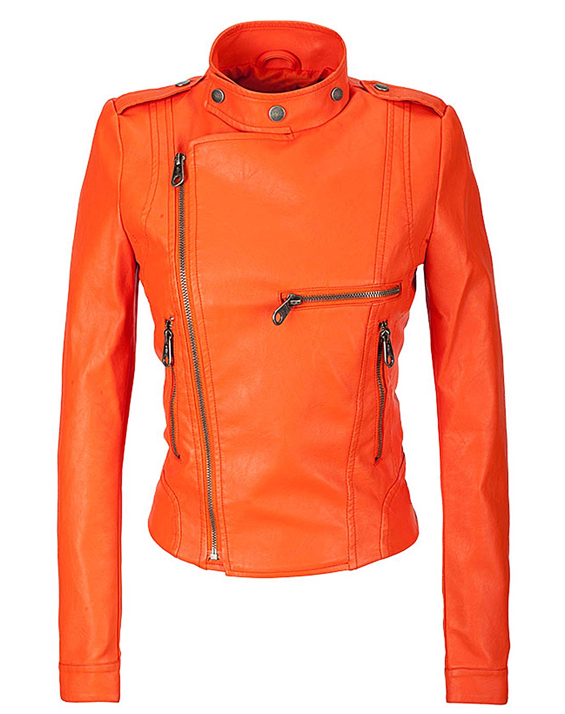 橙色立领斜拉链长袖皮衣