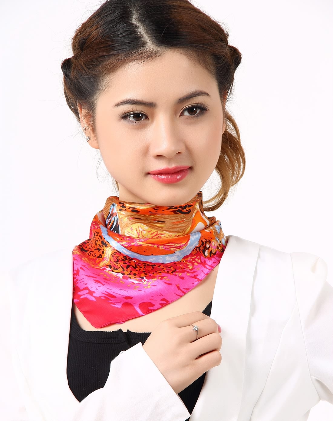 红橙抽象派时尚百搭真丝小方巾