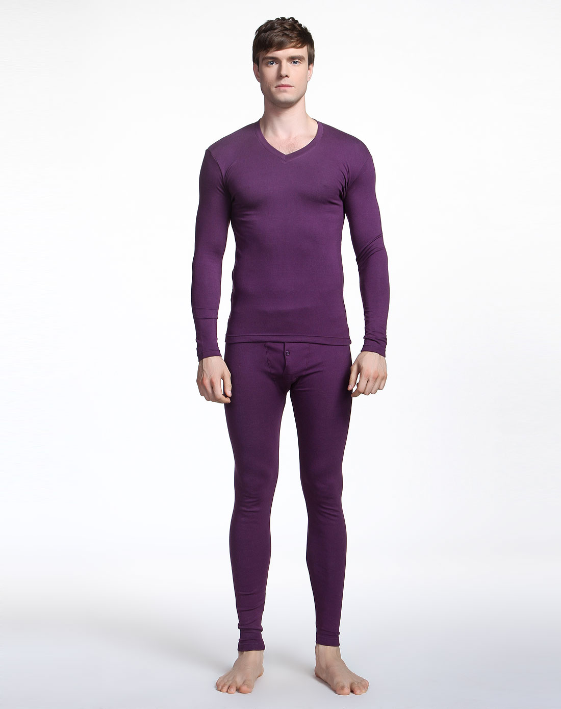 > 男款v领紫色个性长袖保暖内衣套装