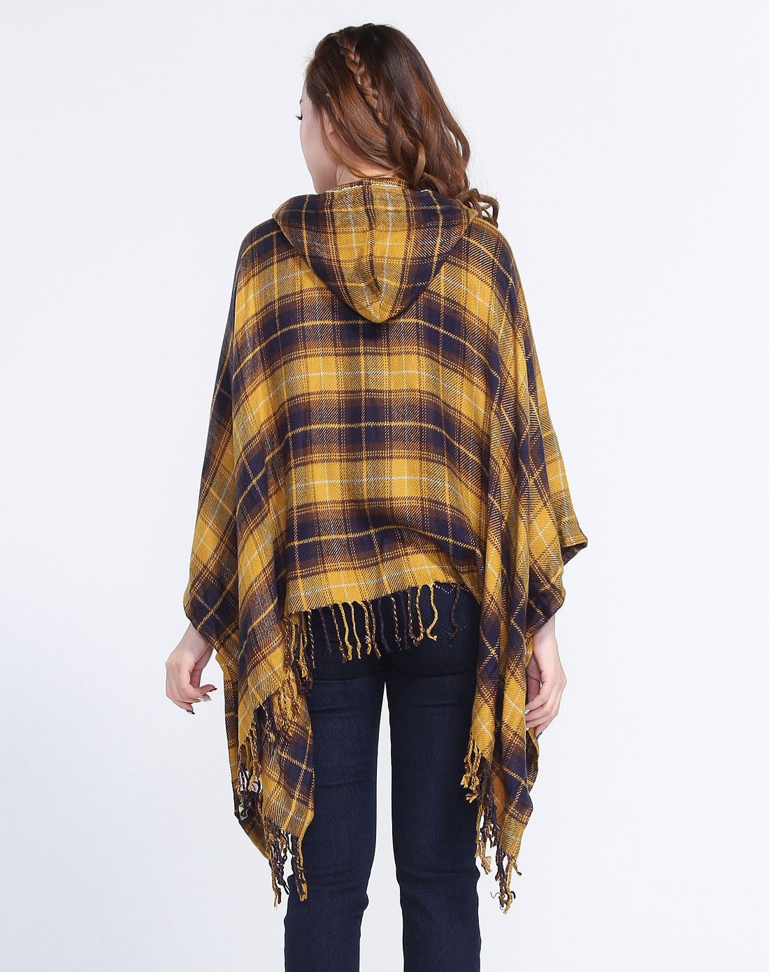es女装专场-土黄拼藏青色格子流苏个性斗篷式衬衫
