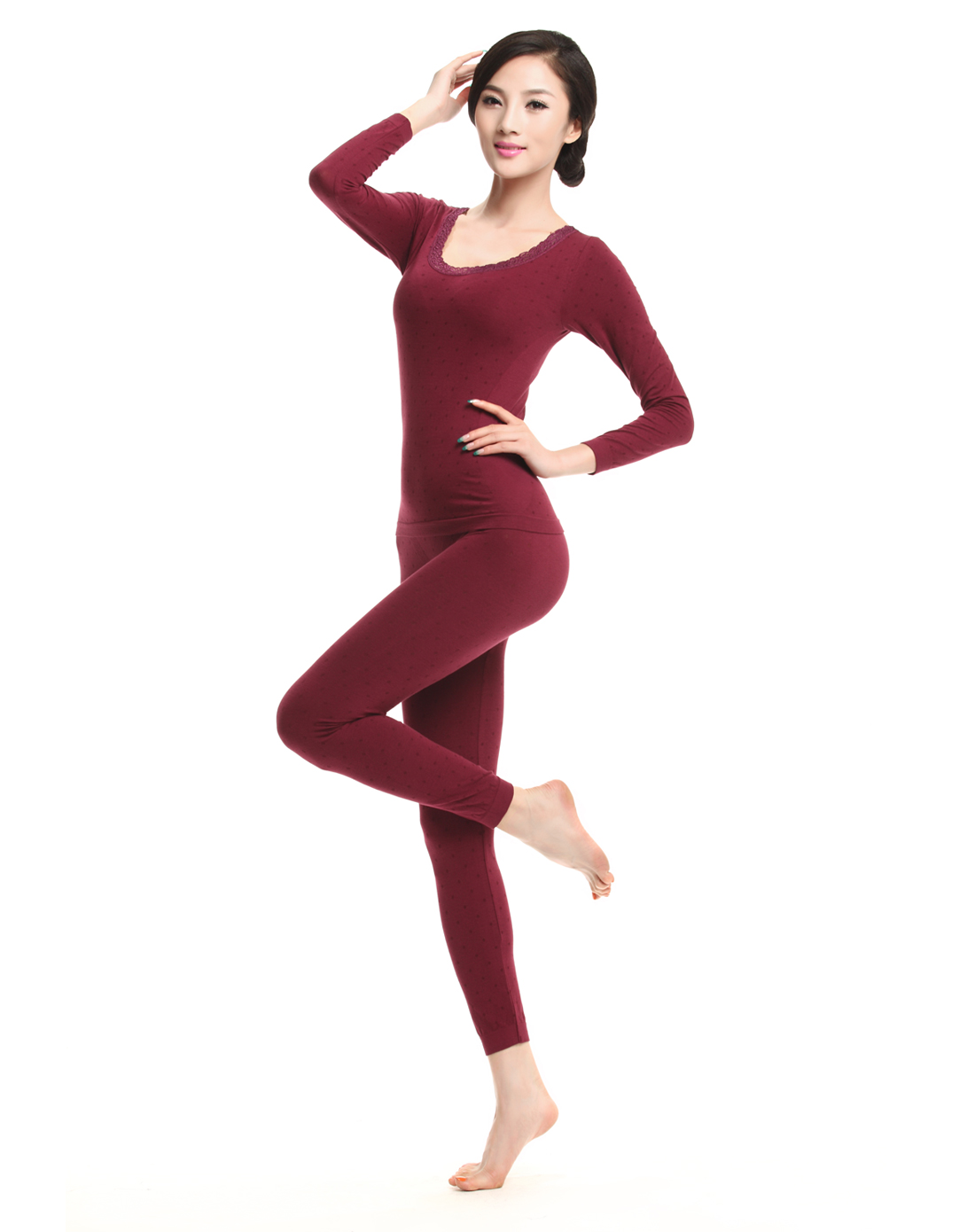 女款枣红色时尚波点大圆领美体内衣两件套