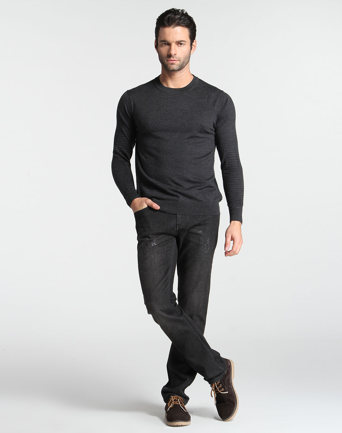 夏利豪charriol炭灰色圆领百搭100%羊绒长袖毛衣c93-313211198_唯品会