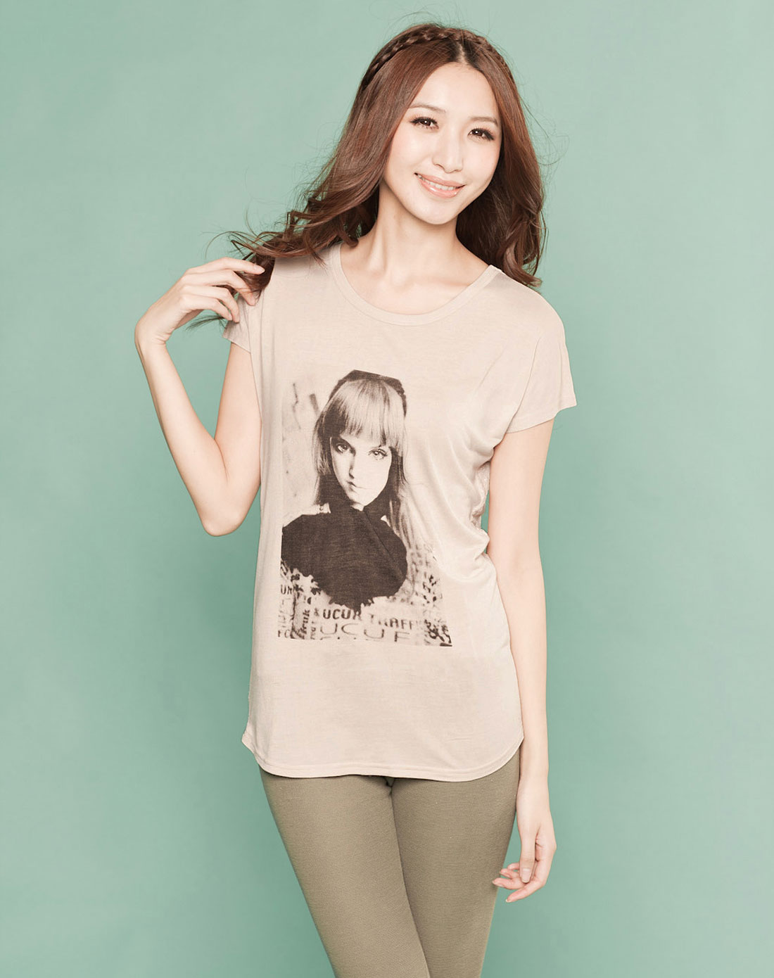 euromoda jeans 浅粉桔美女印花短袖t恤
