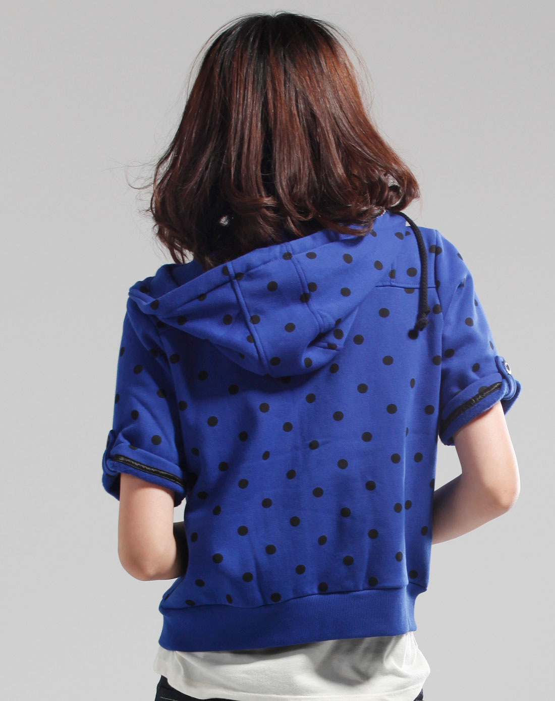 doin 宝蓝色休闲圆点连帽开胸短袖卫衣