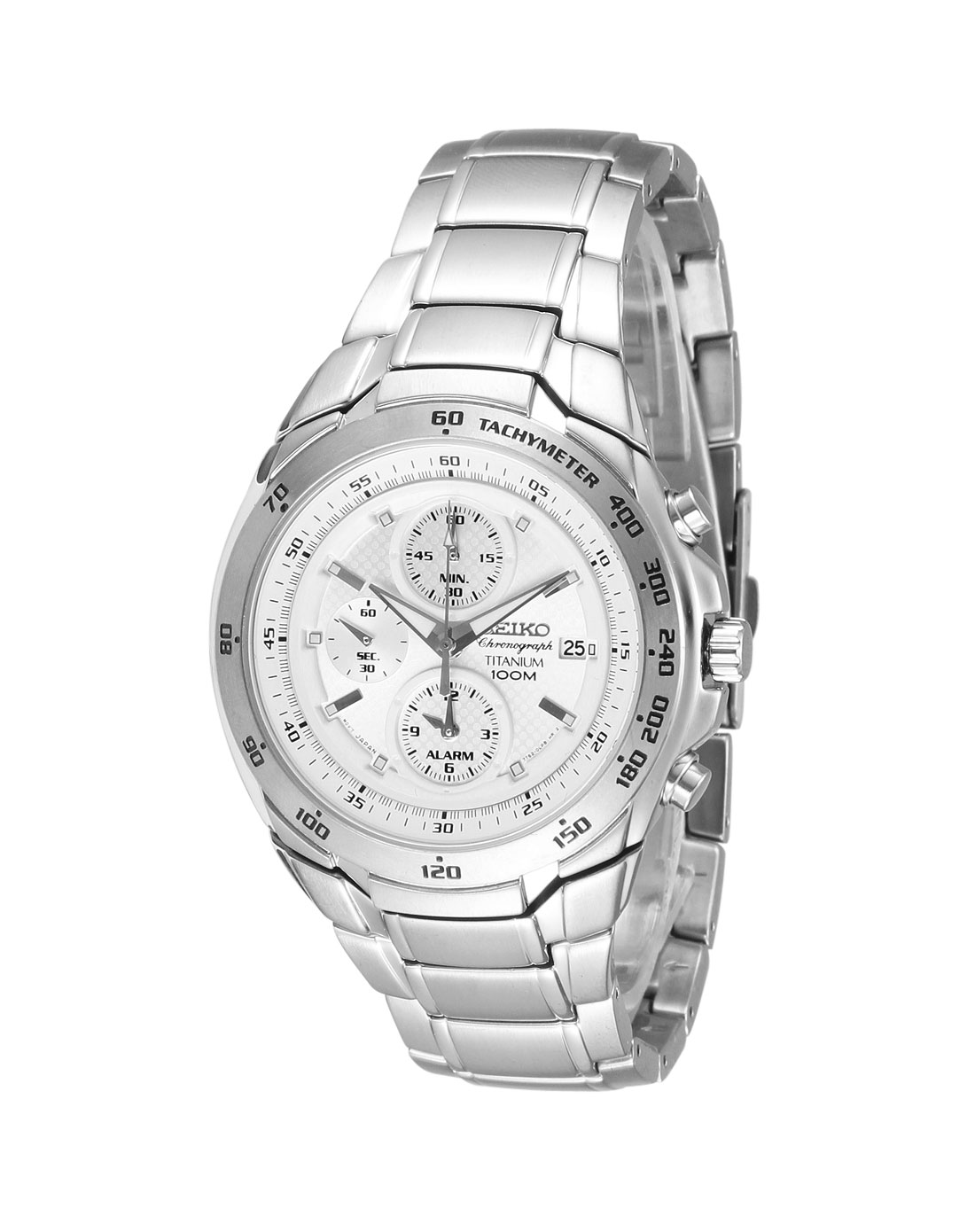 seiko 男款银白色时尚三眼指针钢带石英表