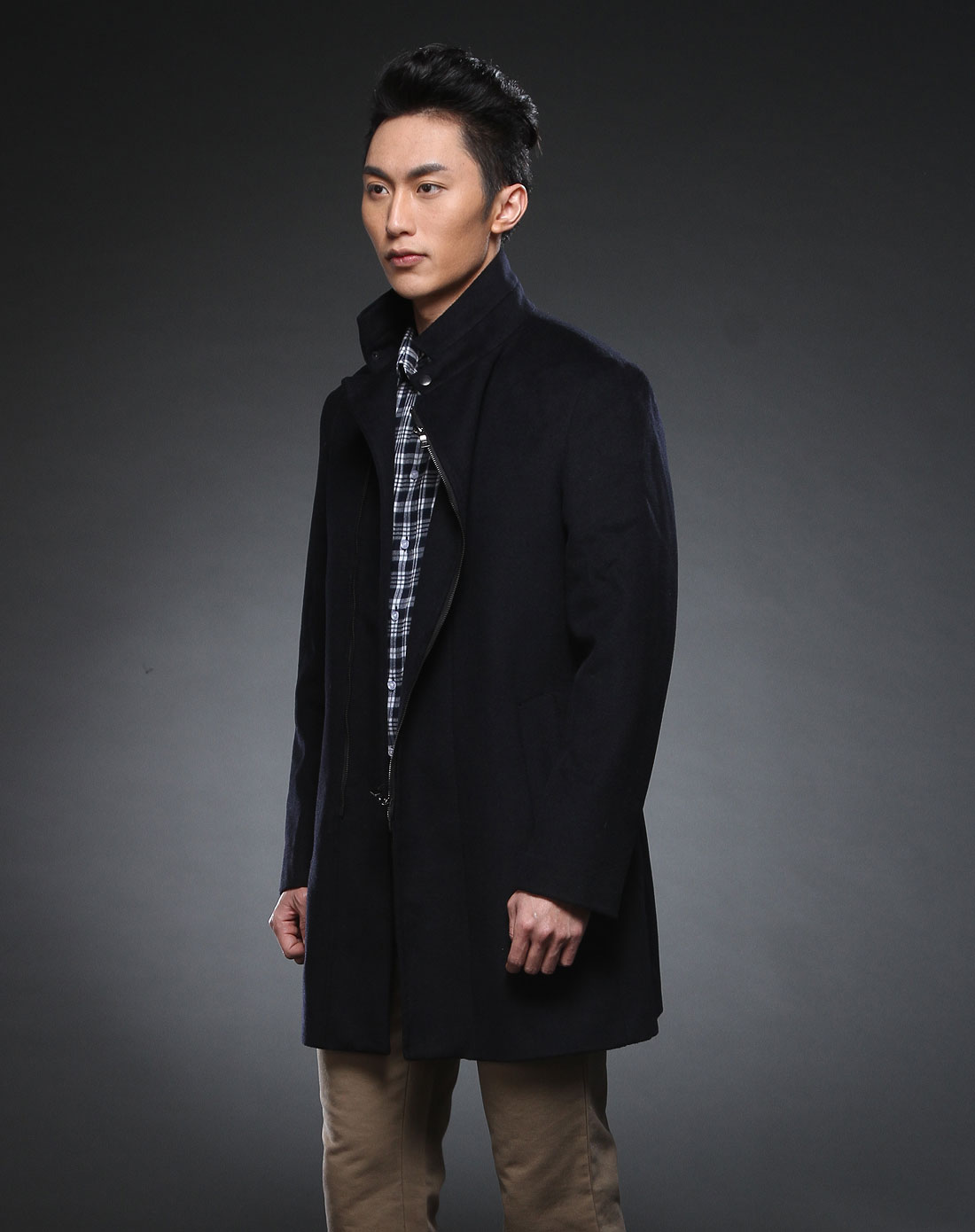 罗蒙romon 黑藏青色毛呢长袖大衣