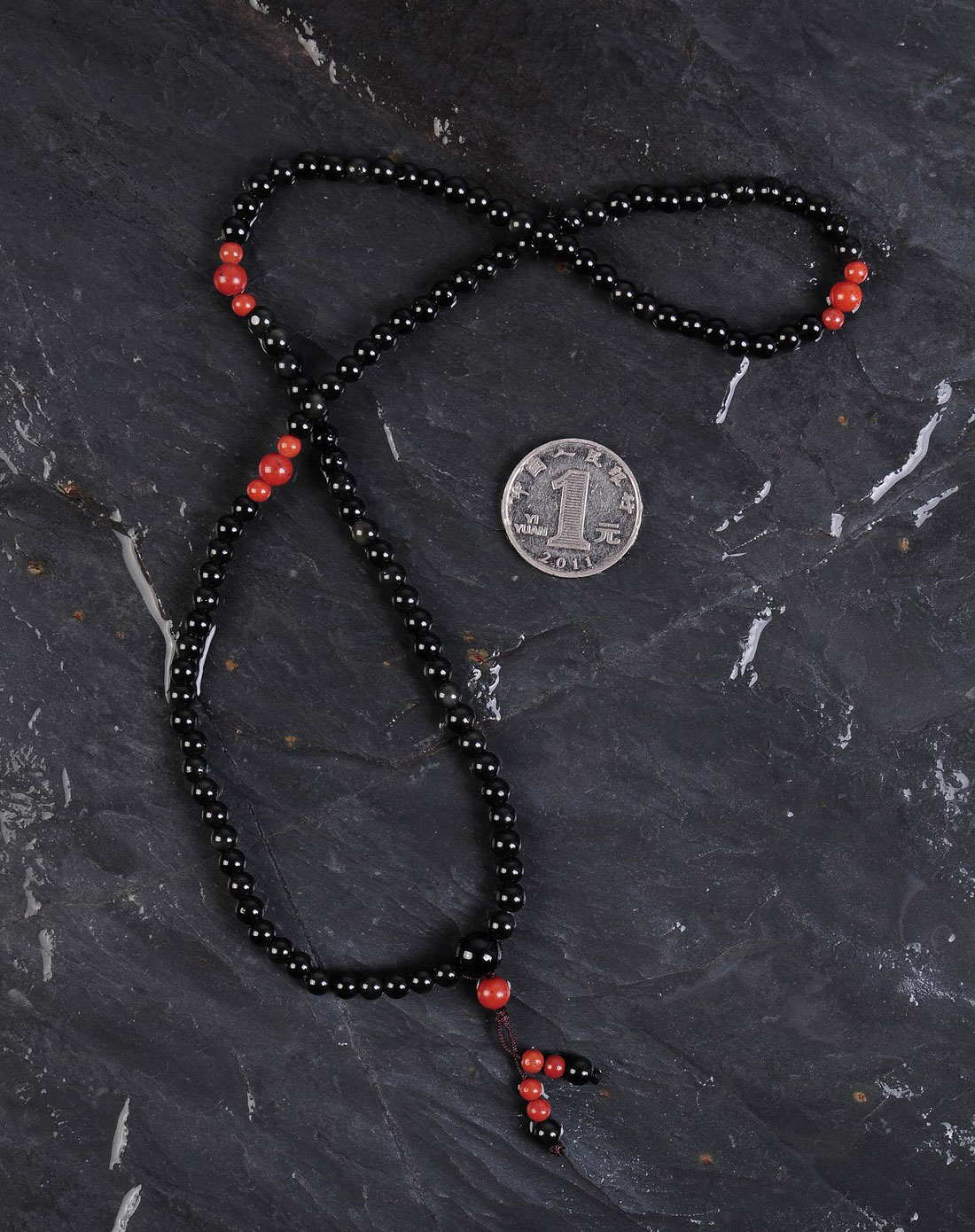 中性黑色天然黑曜石朱砂红石有求必应手链