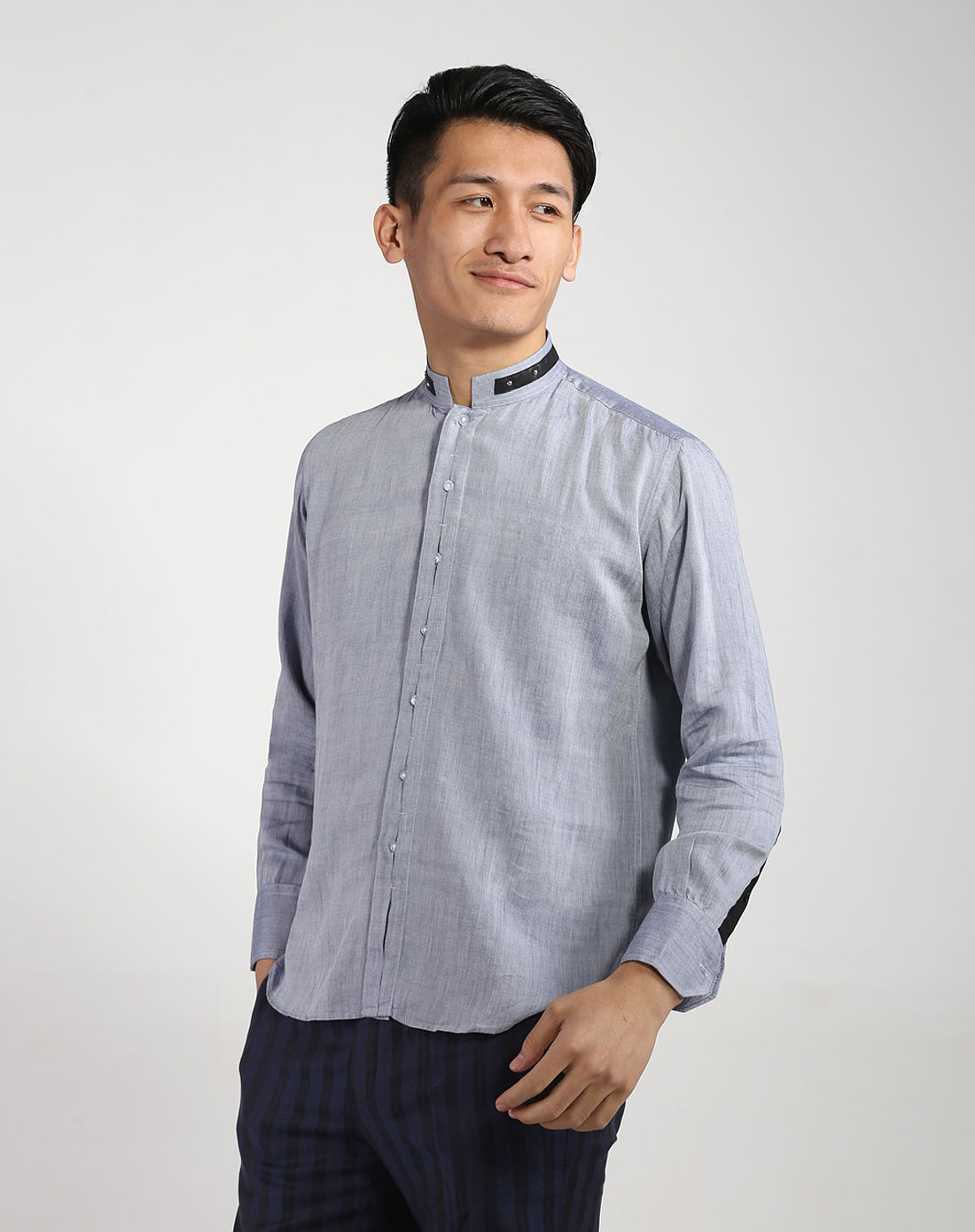 马亚诺mariano 蓝色商务休闲圆领长袖衬衫