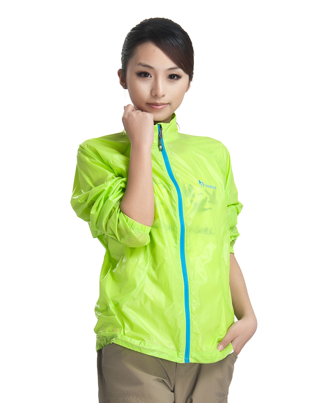 女款黄绿色防风防晒防泼水皮肤风衣