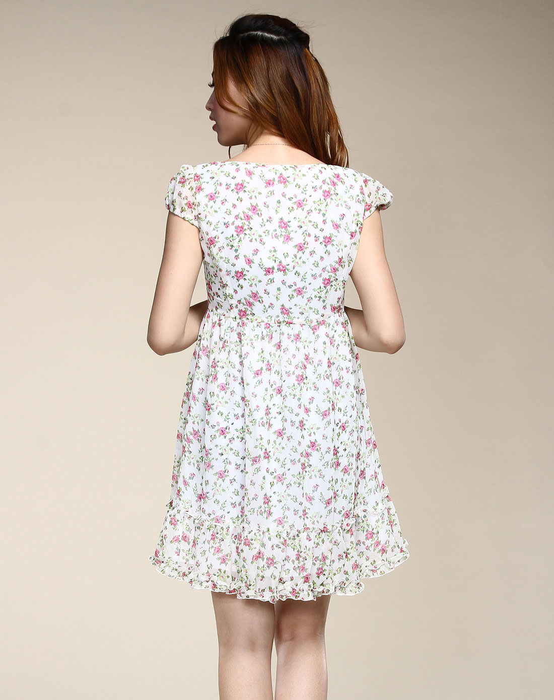 粉色日系小碎花短袖连衣裙