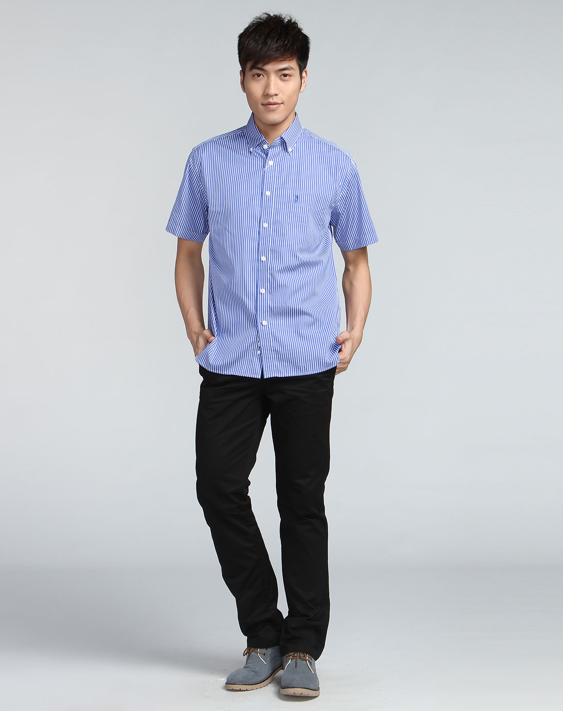 [ 爵克 ] 男款蓝色成熟竖纹短袖衬衫