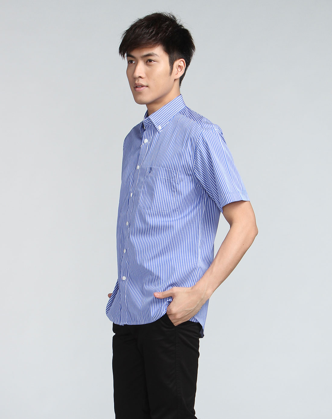 [ 爵克 ] 男款蓝色成熟竖纹短袖衬衫
