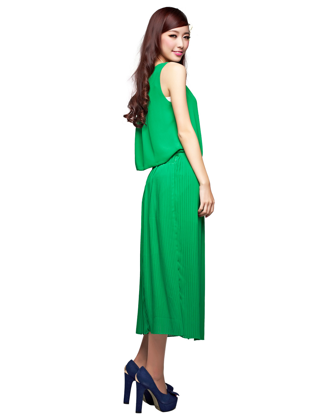绿色雪纺背心长裙