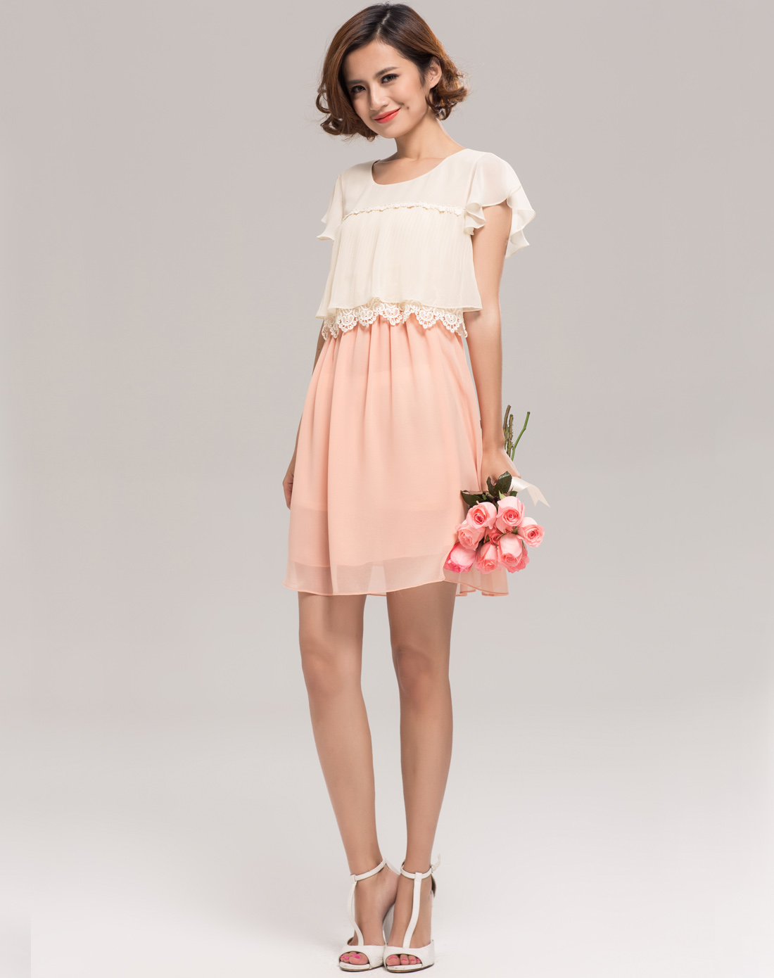 [ oece ] 粉色拼接雪纺连衣裙