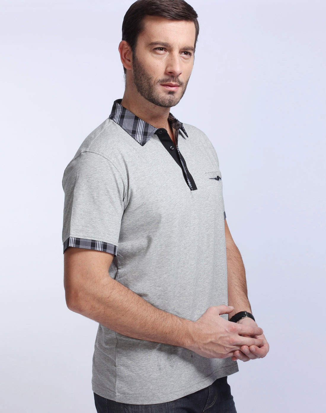 [ 洛兹 ] 灰色高档时尚条纹短袖t恤衫