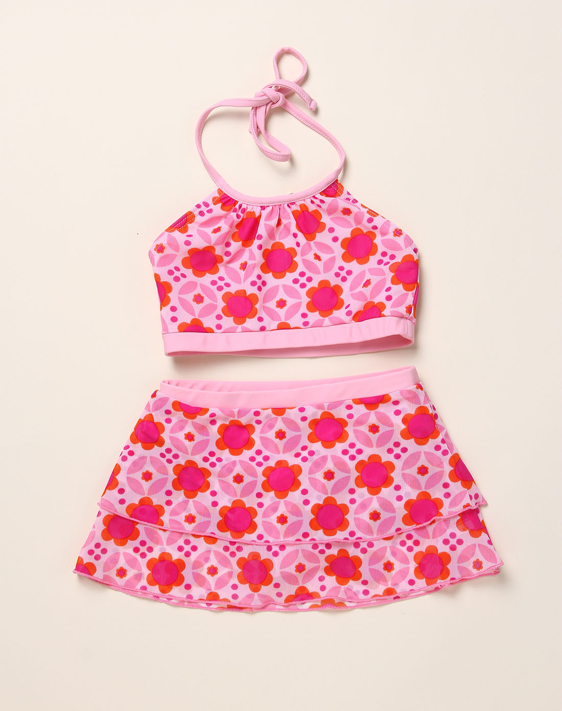 女童粉红色花花挂脖分体泳衣