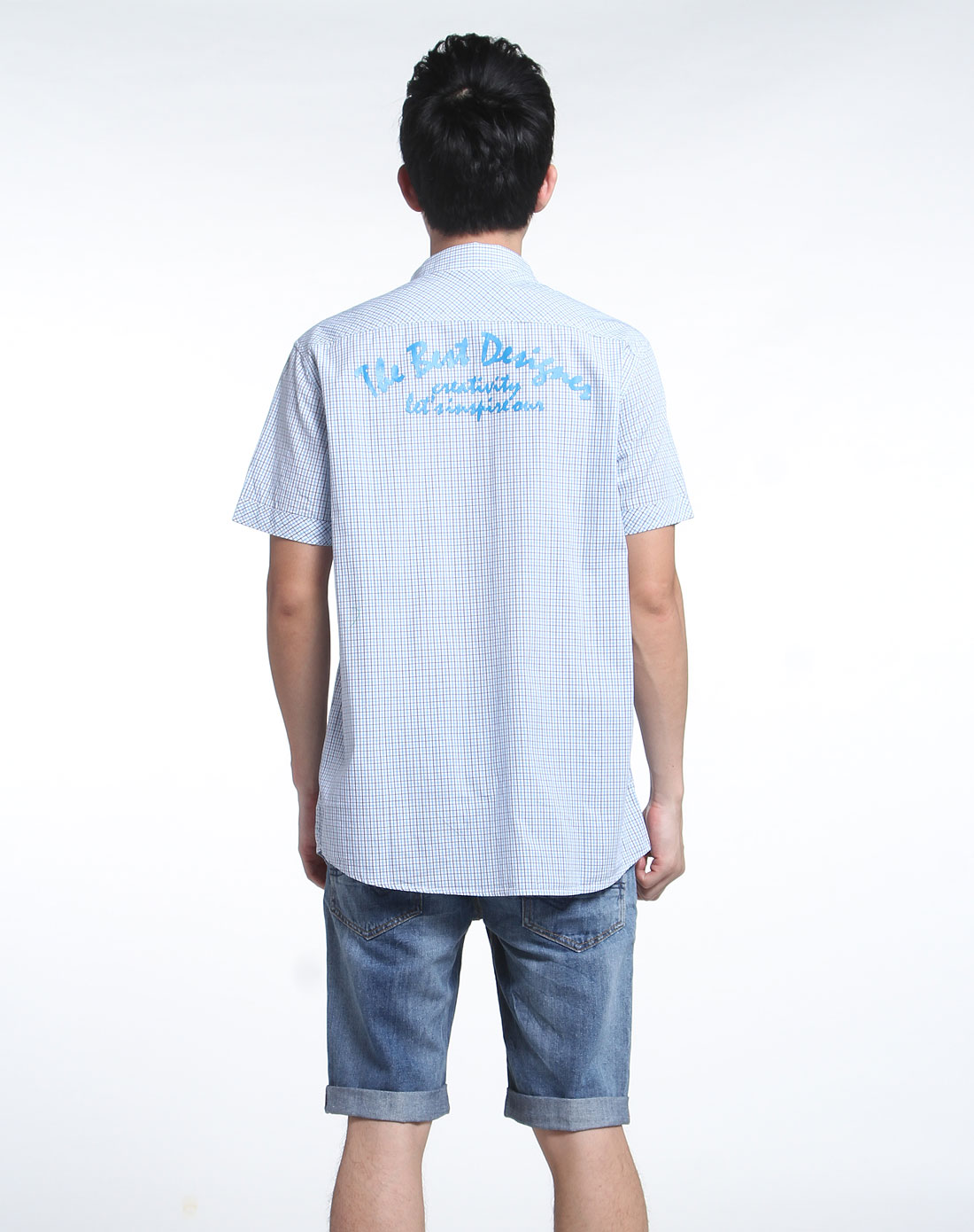 森马格子后背印字蓝色短袖衬衫082151014-0188_唯品会