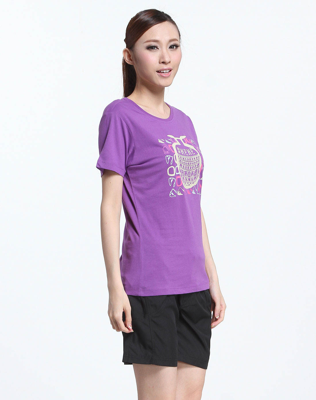 女款冷紫色雪山陶纹纯棉短袖文化t恤