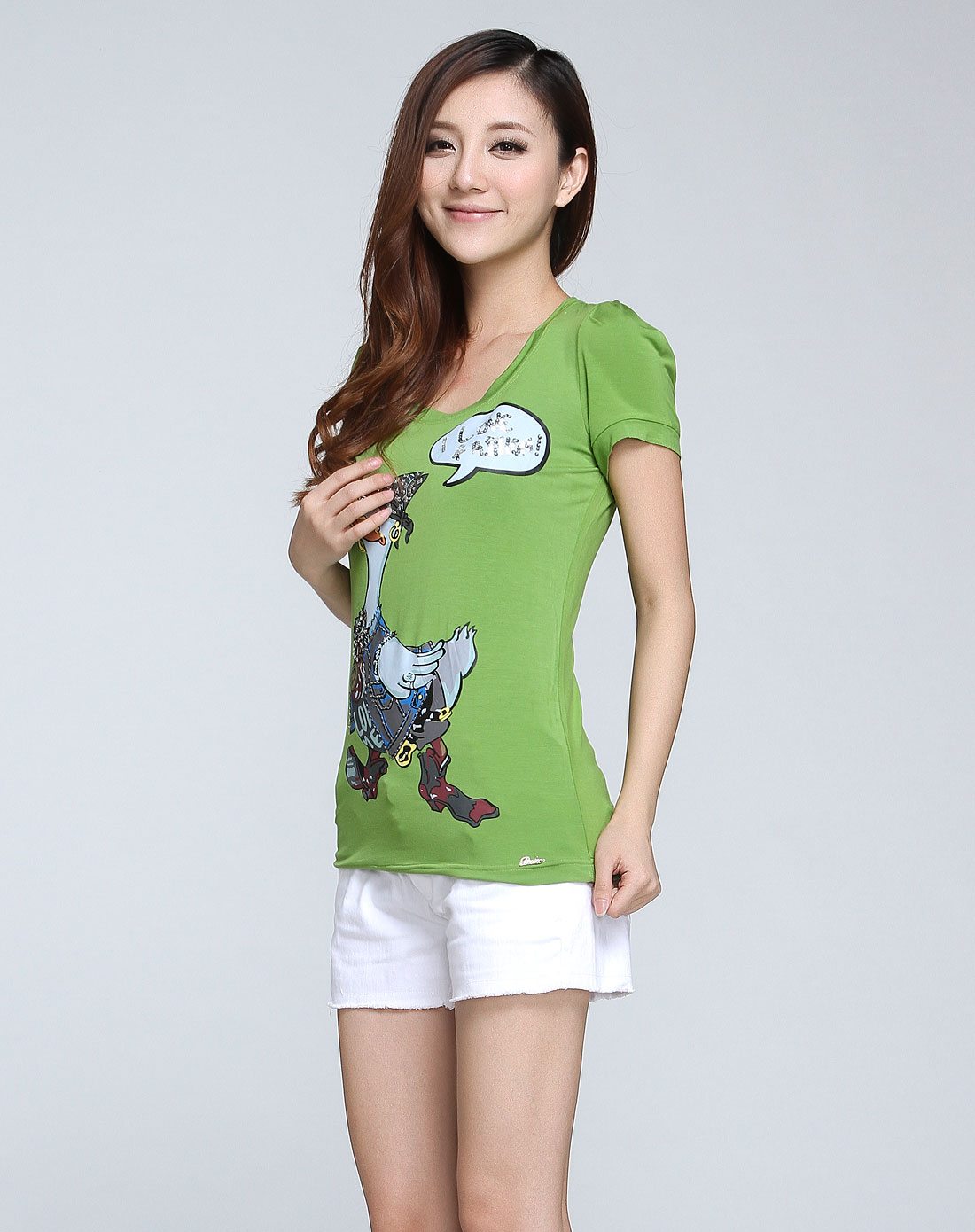 豆绿色印花短袖t恤