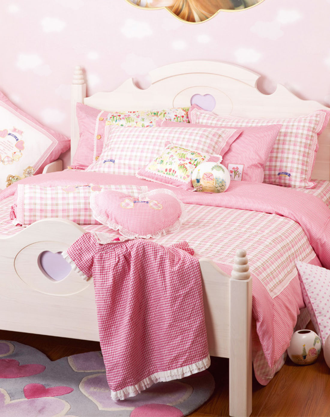 梦洁宝贝 1.2米床 40支纯棉印花学院粉色格子三件套