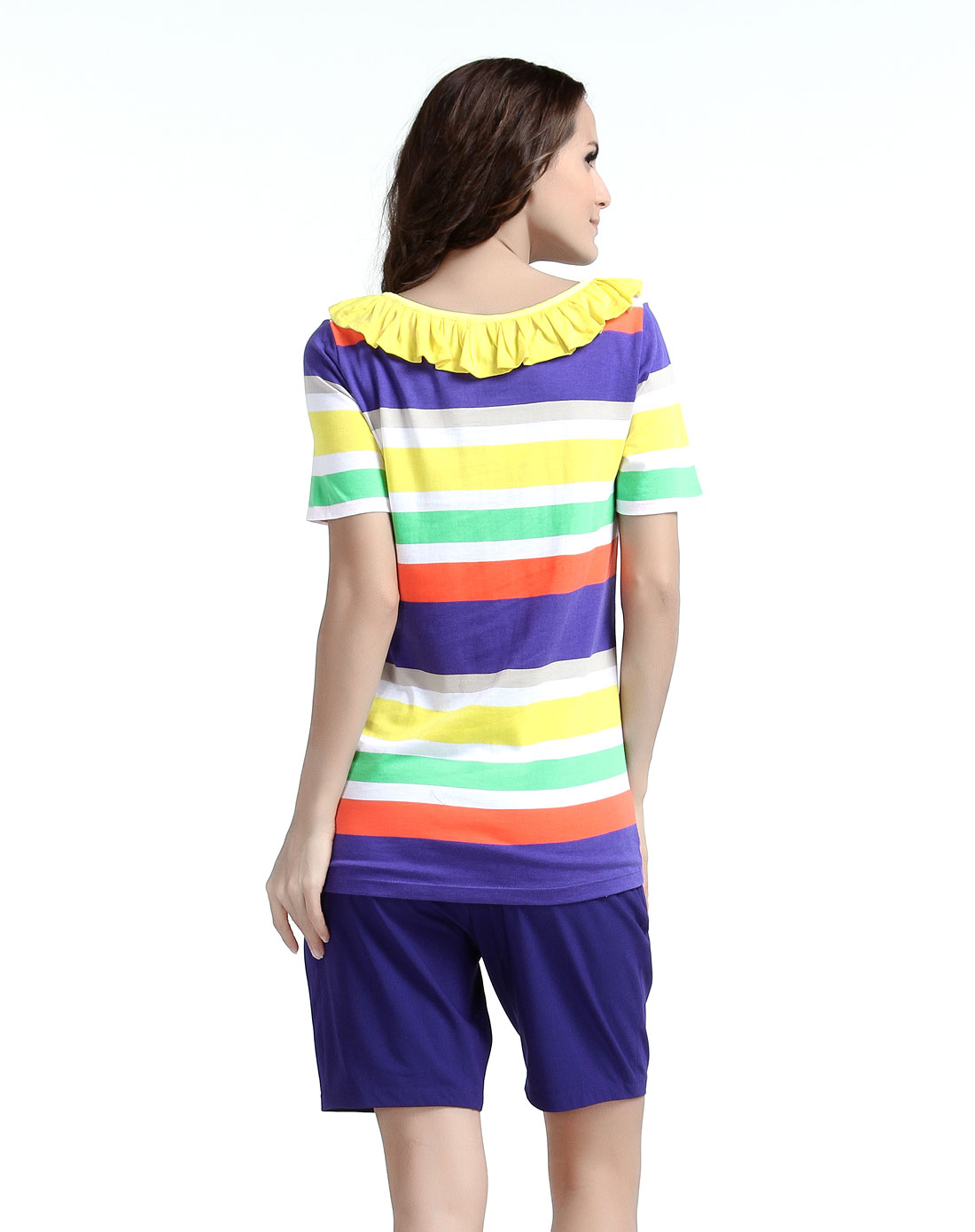 彩色花边条纹短袖t恤