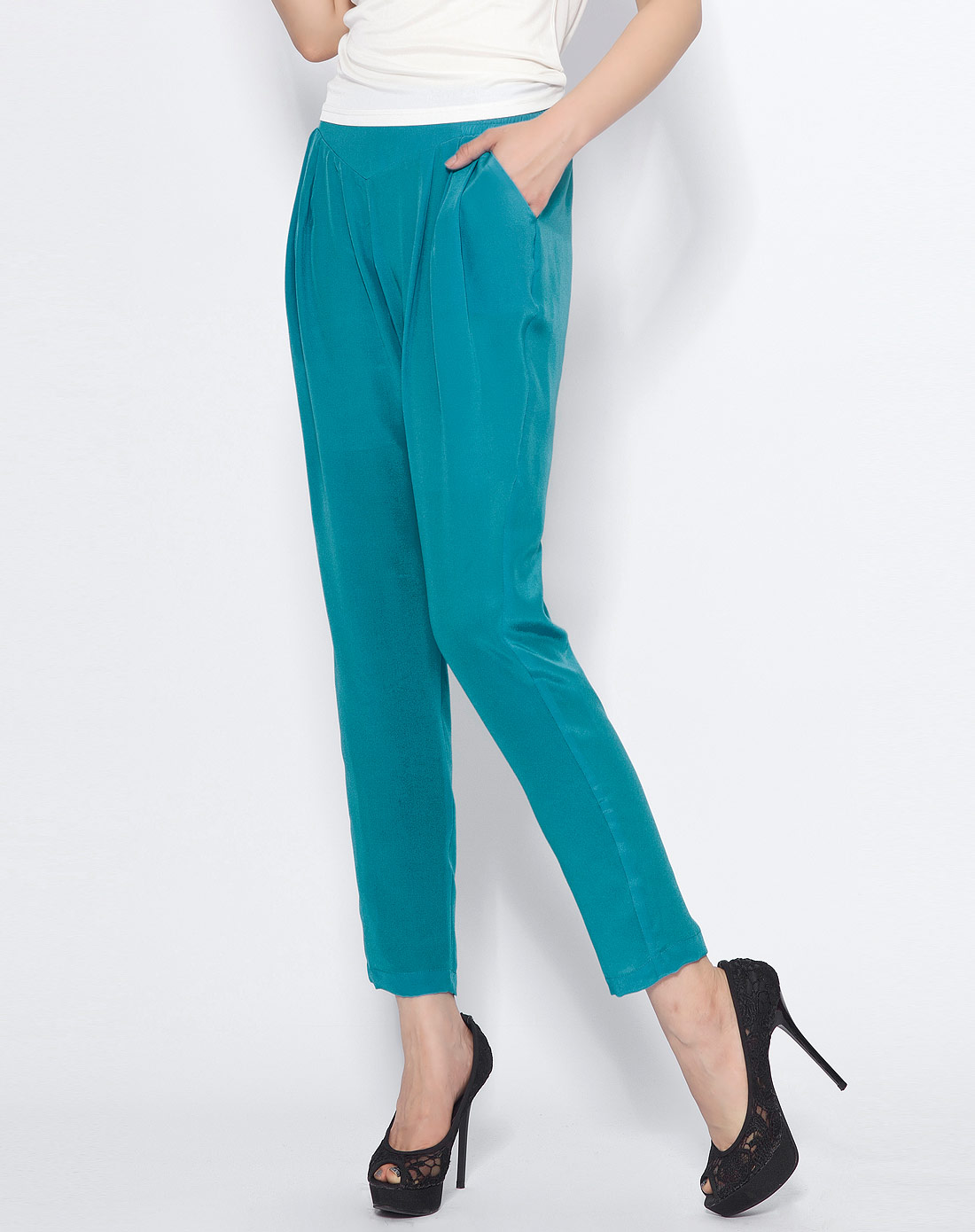 [ 索菲丝尔 ] 女款真丝【孔雀蓝】时尚九分裤