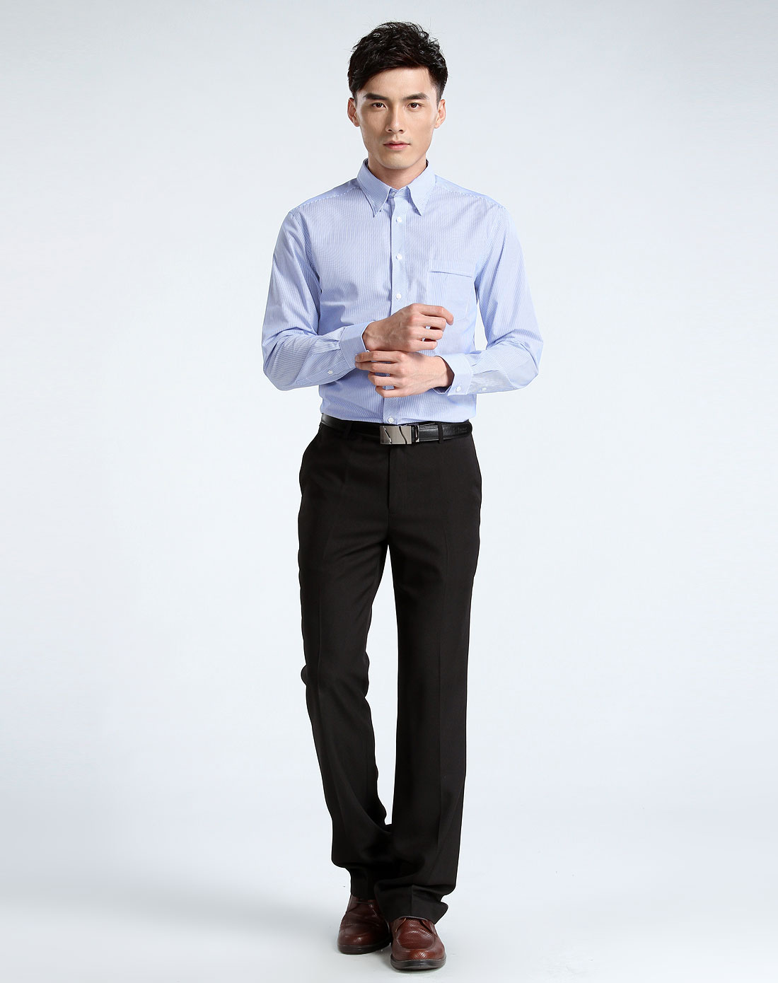 男款蓝/白色细条纹商务长袖衬衫