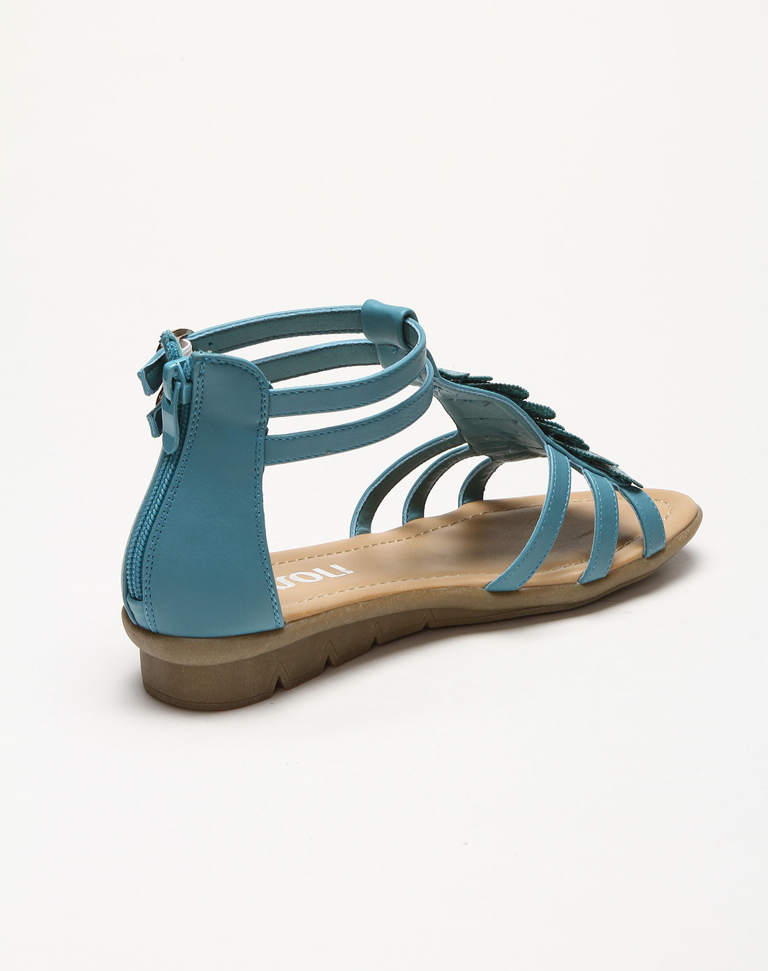 女款复古花纹后拉链蓝色凉鞋