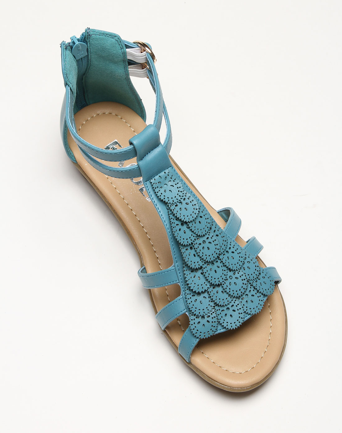 女款复古花纹后拉链蓝色凉鞋