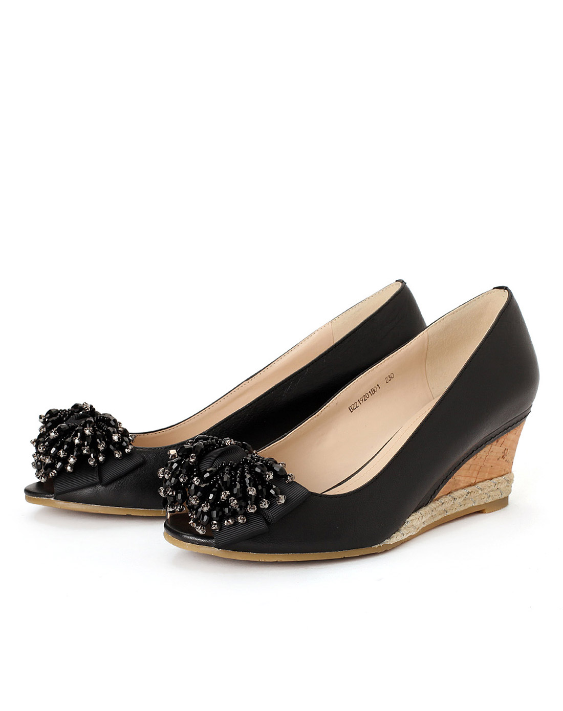 banner旗下品牌女鞋专场 > 伊伴 黑色串珠鱼嘴坡跟凉鞋