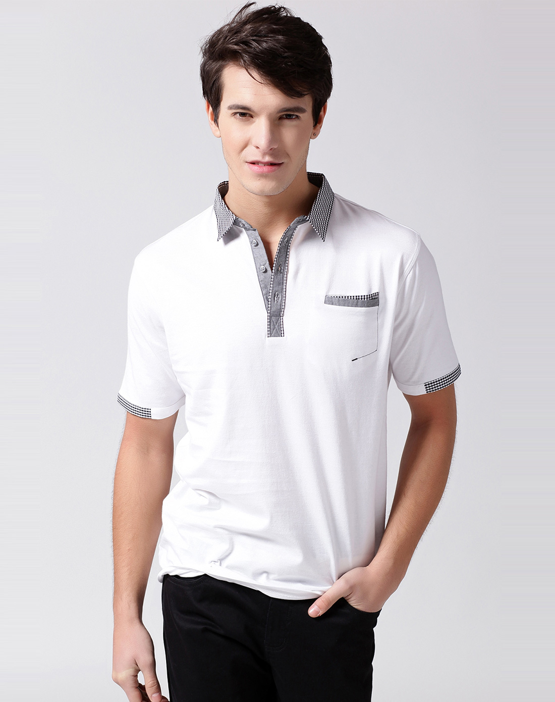 白色商务休闲短袖衬衫领t恤