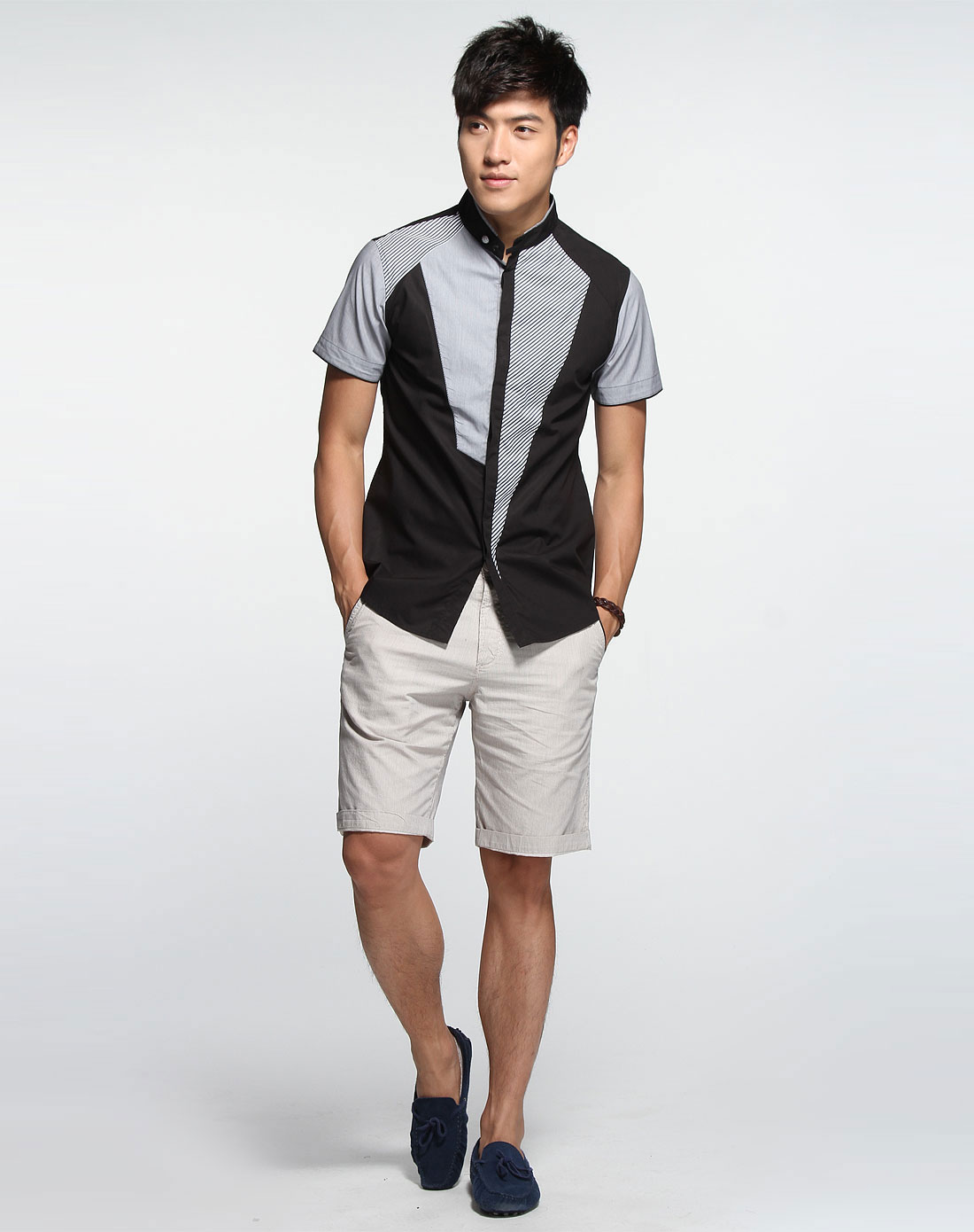 利郎 条纹拼接黑白色新潮立领短袖衬衫