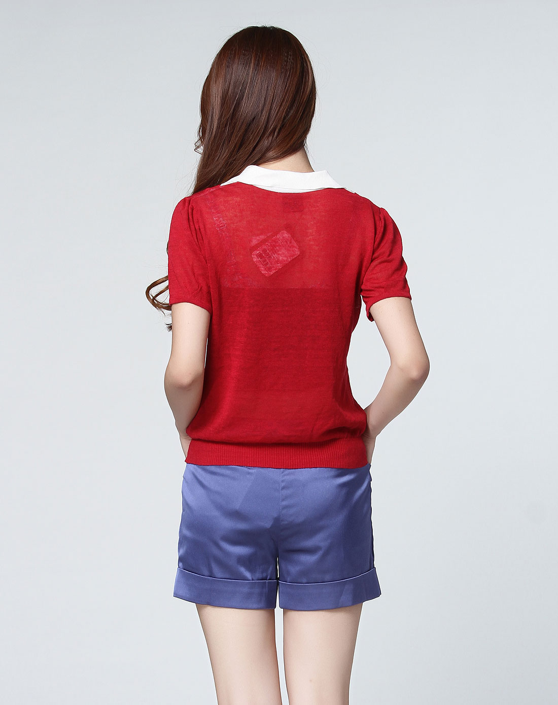 时尚假两件深红色短袖针织衫