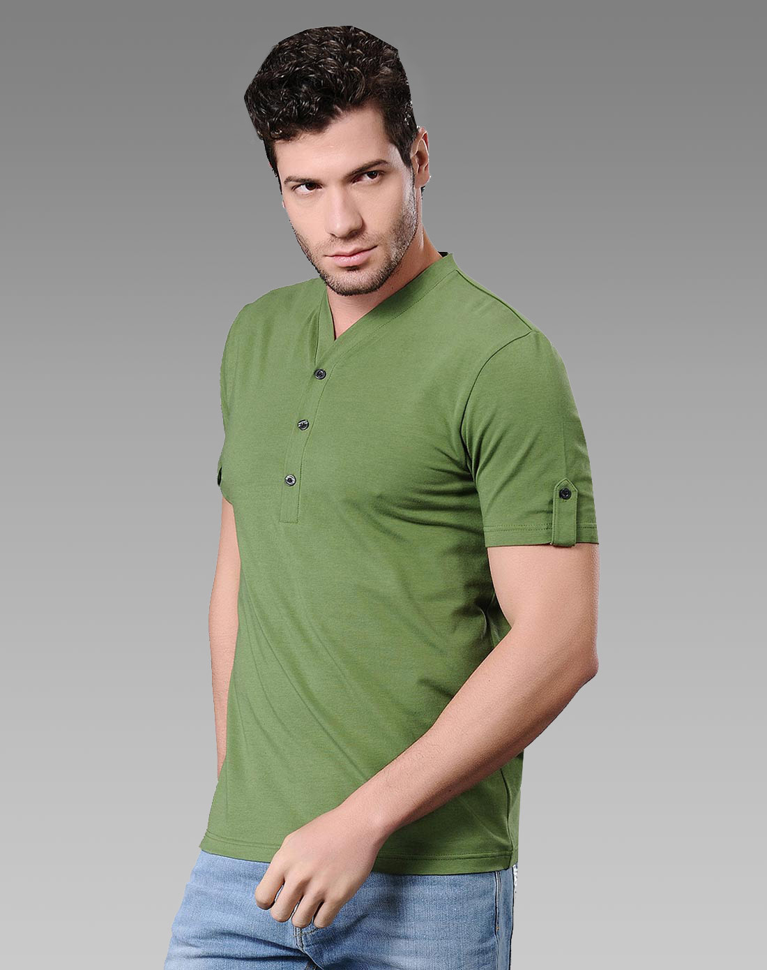 meilles军绿色成熟半开襟短袖t恤