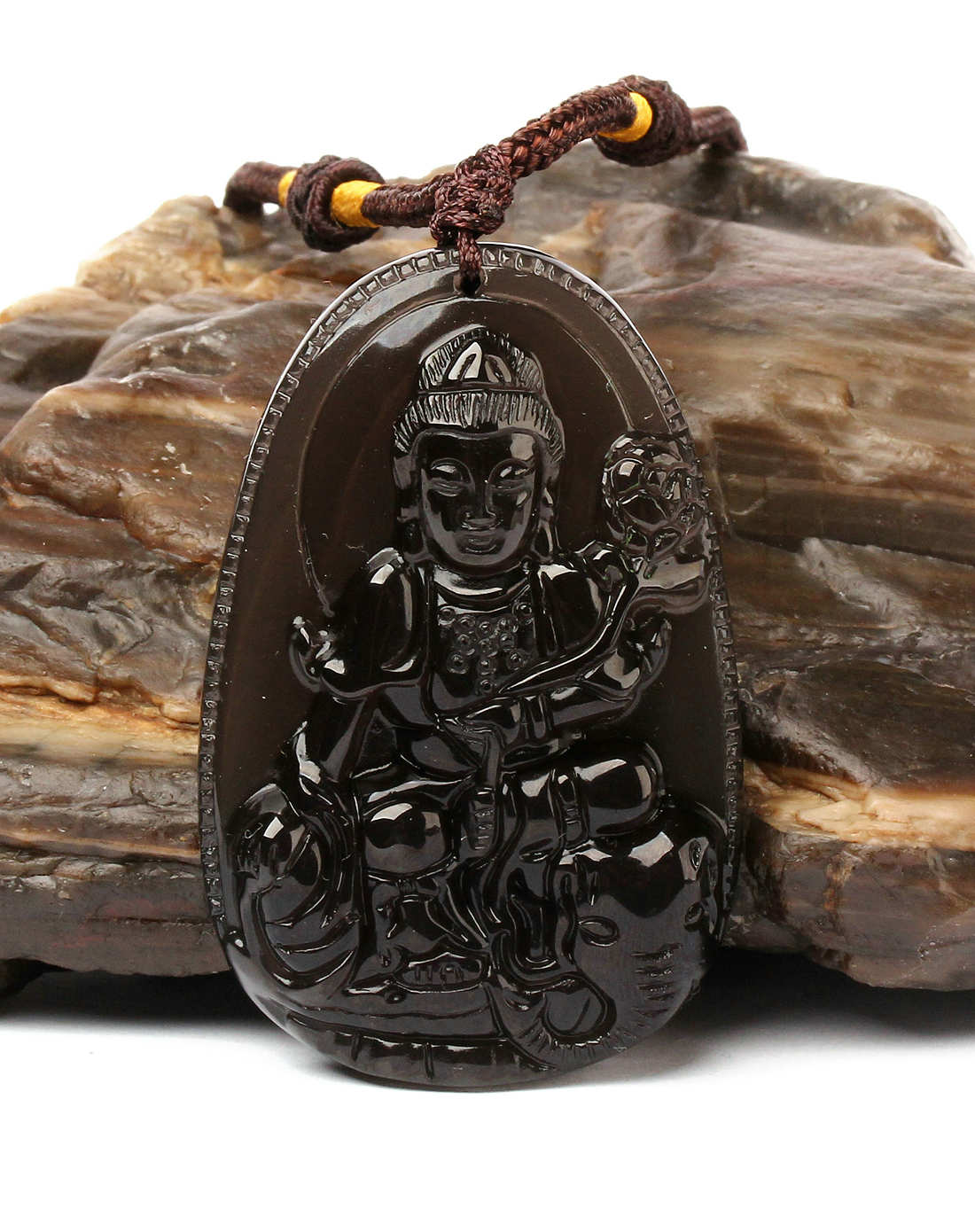 [ 一生一石 ] 中性冰种黑曜石佛普贤菩萨吊坠(附证书)
