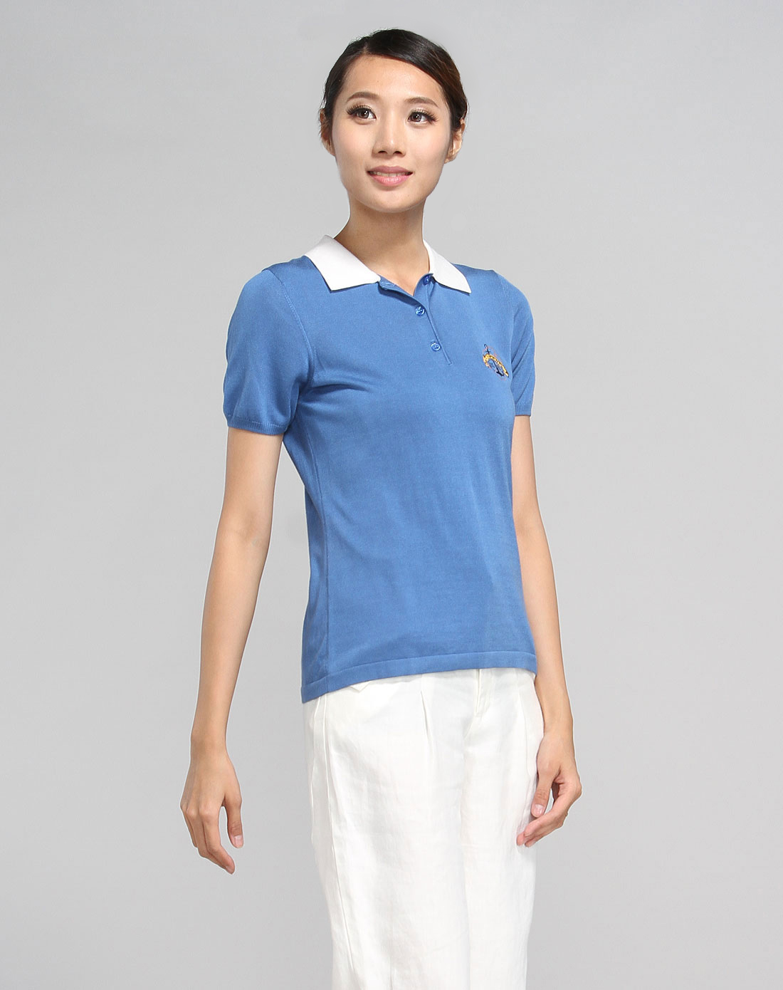 [ 皮尔·卡丹 ] 女款绣花翻领普蓝色短袖套头衫