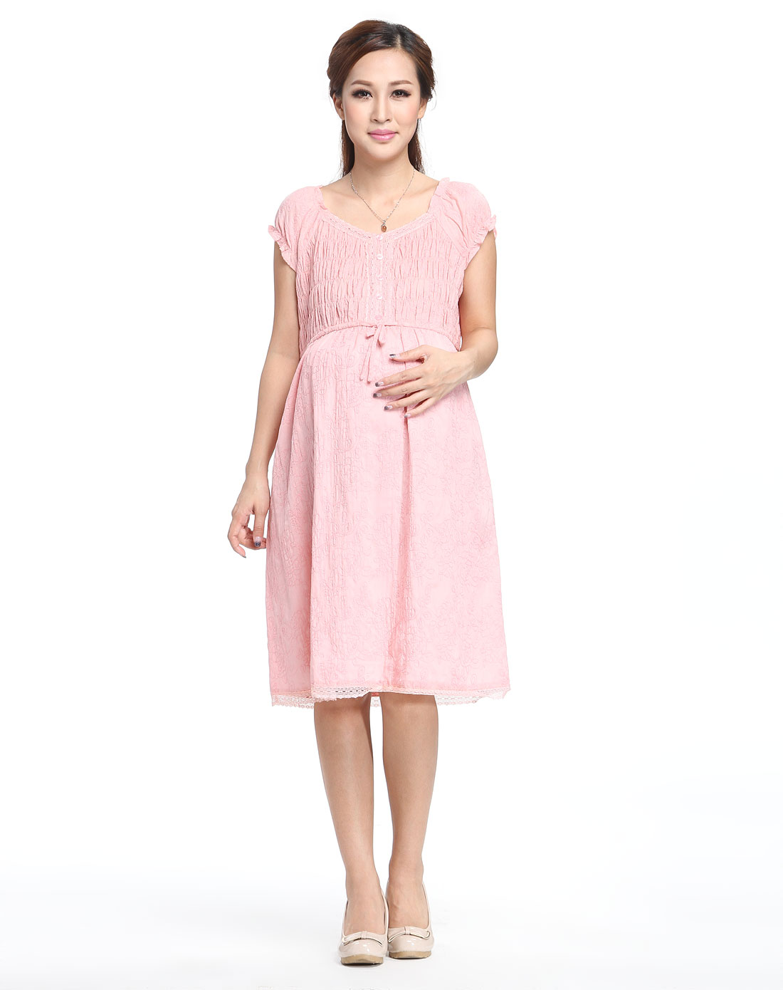 肯勒芳孕妇装 橘红色线纹时尚短袖连衣裙