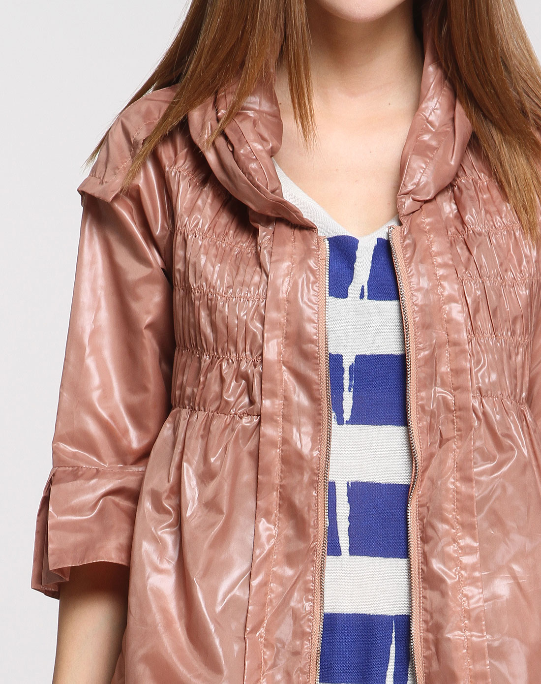 > 都市风情肉桂粉色长款七分袖外套