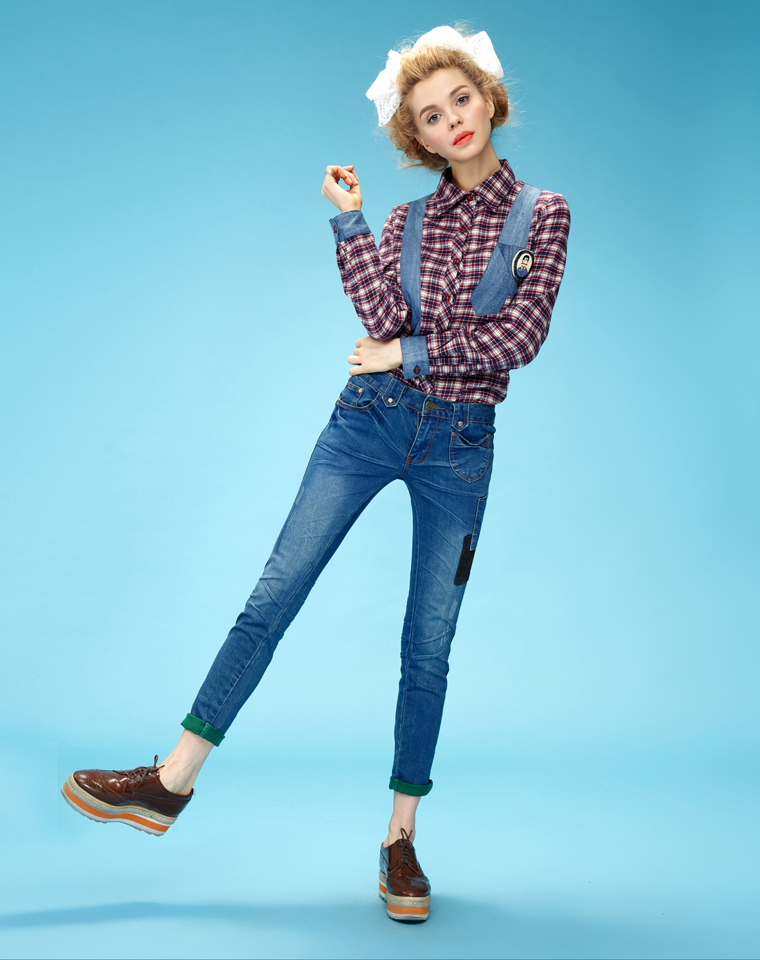 莴苣公主 春装贴绿色麂皮绒牛仔裤